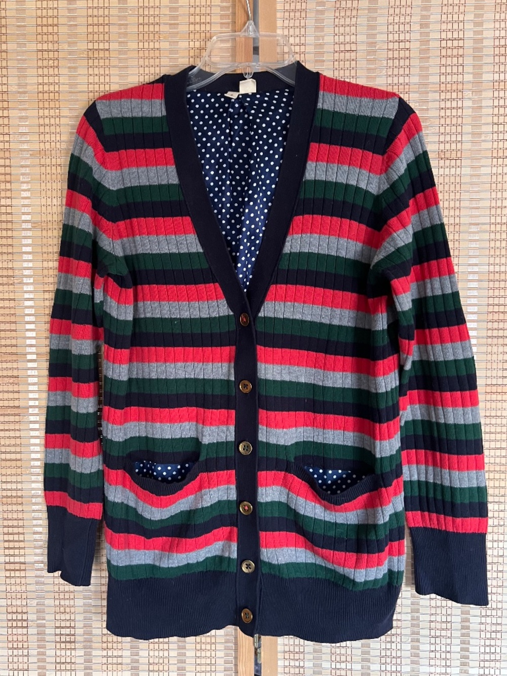 Moth Anthropologie Striped Ribbed Open Front Cardigan w/Polka Dot Lining | Sz Sm